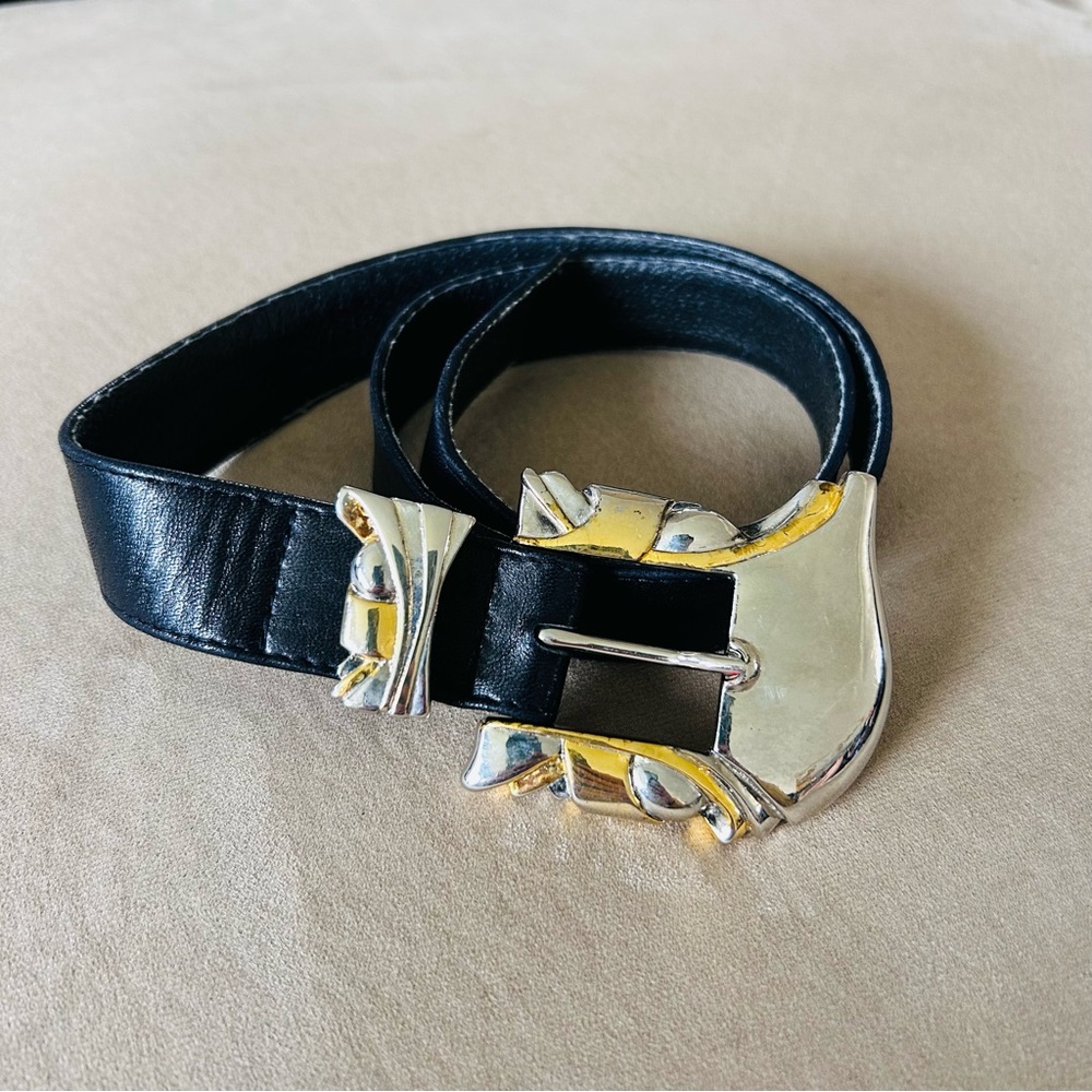 SUZI ROHER Vintage Leather Belt w/Gold + Silver Chunky Buckle